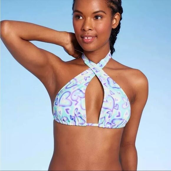 NWT- Wild Fable-Multiway Bikini Top Blue/Green Heart Print- Size Medium (8-10) - Picture 1 of 11